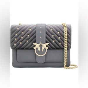 PINKO Big Love Gold Metal Birds Gray Quilted Shoulder Bag